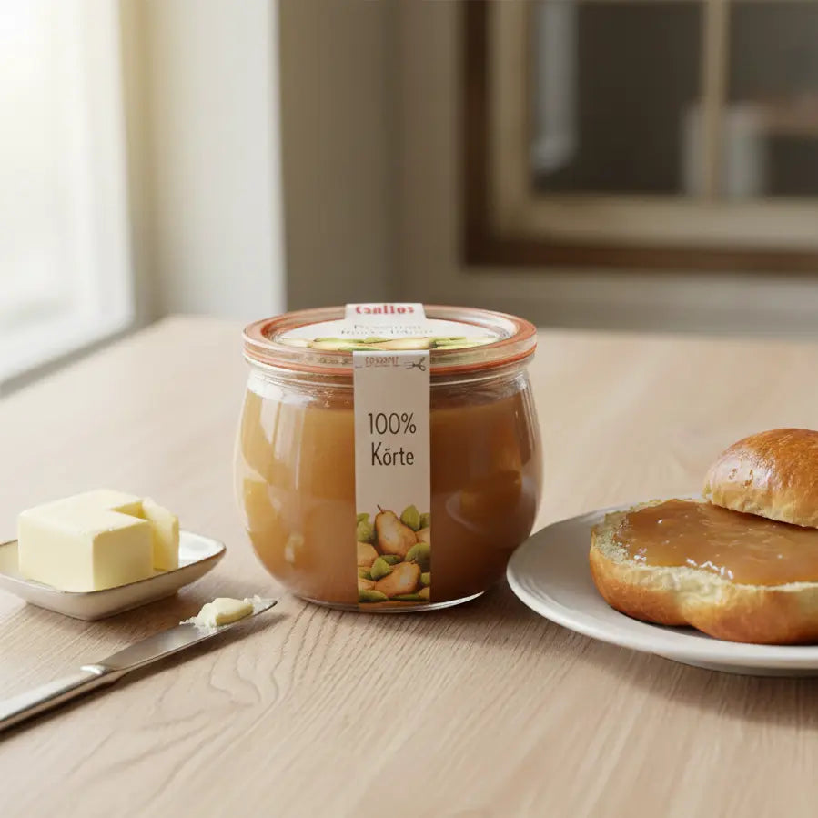 Csattos üvegben körte lekvár, az asztalon vaj és a körtelekvárral megkent lekváros kenyér. A körtelekvár vilmoskörte színű.