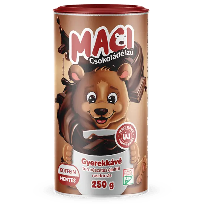 Maci csokoládéízú gyerekkávé, egy medvével és kávéscsészével, barnás színű csomagolásban.