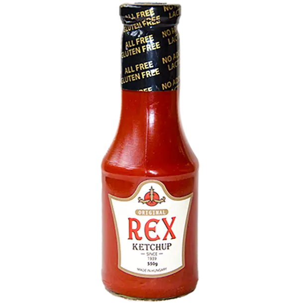Rex ketchup látható a képen. A címke fehér, a "Rex" szó piros. Az üvegben a ketchup szép, ízléses és piros. A kupak fekete fóilával van lezárva, rajta "All free, gluten free" aranyszínű felirat látható.