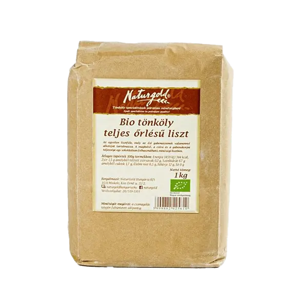 Naturgold tönköly teljes örlésű liszt,  átlászó csomagolásban 1 kg-s kiszerelésben. 