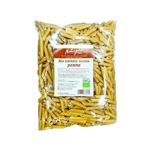 Naturgold tönköly tészta penne, átlátszó csomagolással félkilós kiszerelésben. 