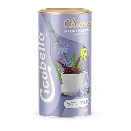 Cicobello cikóra instant pótkávé, világos lila dobozban, cikória virágokkal. 