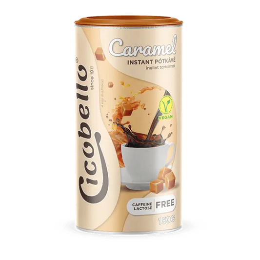 Cicobello instant karamellás pótkávé, karamella kockákkal, világ bézs dobozban. 