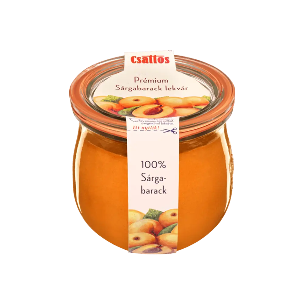 Csattos sárgabarack lekvár, átlásztó üvegben. A levár színe élénk sárgabarack színű, a csomagolás ízléses és hagyományos. 