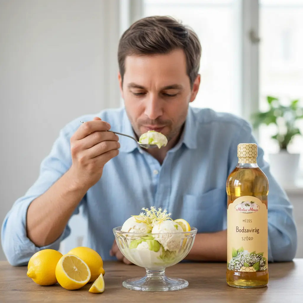 Egy kék inges férfi, bodzaszörppel ízesítette vanília fagylalot eszik üveg tálból, a tál mellett citromok vannak, fagylalt tetején bodzavirágok. 