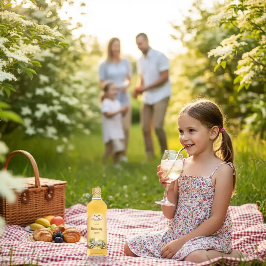 Egy kislány, piros kockás pléden bodzaszörpöt iszik egy üvegpohárból, a háttérben a családja sétál, körülötte virágó bodzabokrok vannak.