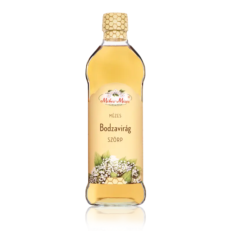 Mézes Méhes bodzaszörp, átlászó, fél literes üvegben, a kupak méhrácsos, az üveg címkéjén bodzavirágok vannak, a szörp aranyló sárgaszínű.