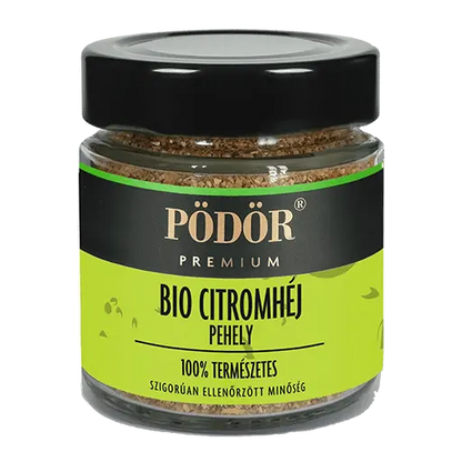 Pödör Biocitromhéj látható a képen, fekete és sárga címkével. A kupak is fekete.