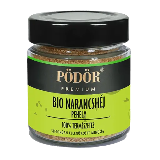 Pödör bio naracshéj üvegbe zárva, az üvegben látszanak a naracsnhéj pelyhek. A cimek színe zöld és fekete, a Pödör prémium pedig arany színű. 