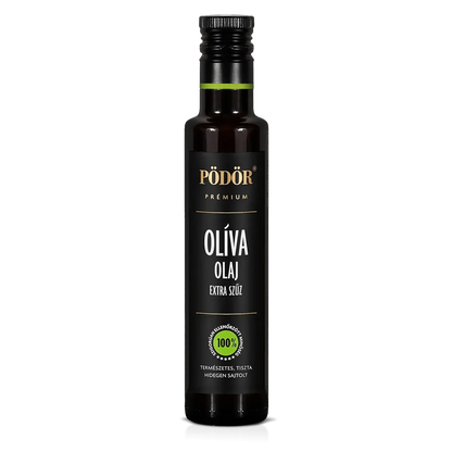Pödör prémium extra szűz olíva olaj látható. Az üveg és a címek színe fekete, az "olíva olaj" felirat fehér, a "Pödör prémium" felirat arany színű. Az üveg esztétikus. 