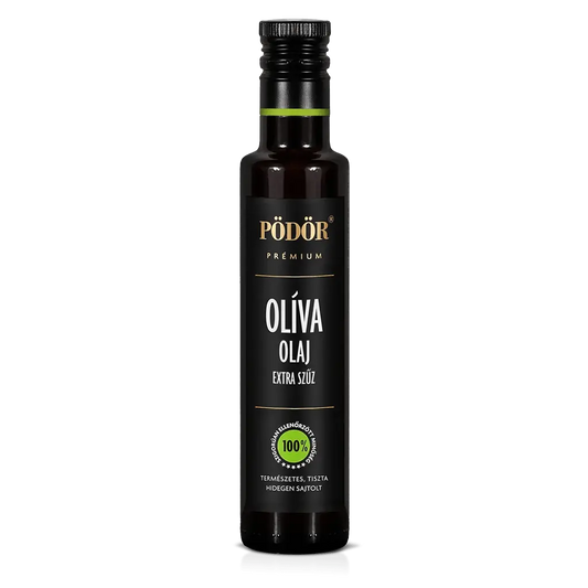 Pödör prémium extra szűz olíva olaj látható. Az üveg és a címek színe fekete, az "olíva olaj" felirat fehér, a "Pödör prémium" felirat arany színű. Az üveg esztétikus. 